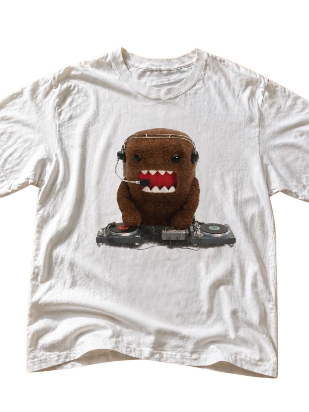 Gildan White Tee with Brown Domo-Style DJ Graphic